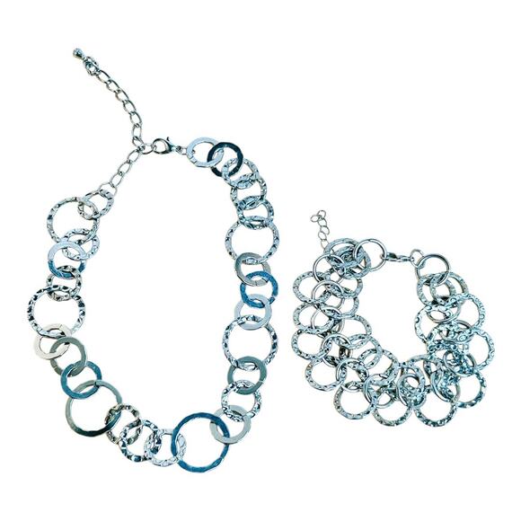 Choker Necklace Bracelet Matching Set Silver Tone Hammered Silver Tone - Picture 1 of 2